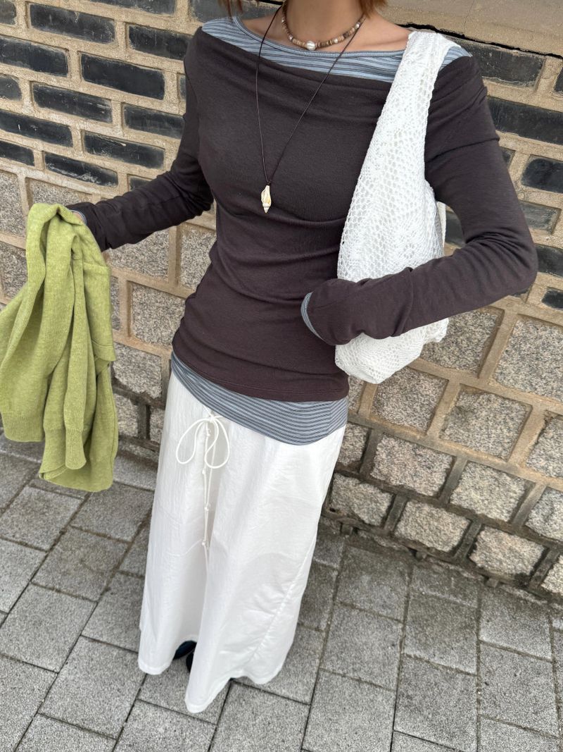 [prts made] soft touch boat-neck long sleeve T-shirts (blue stripe)
