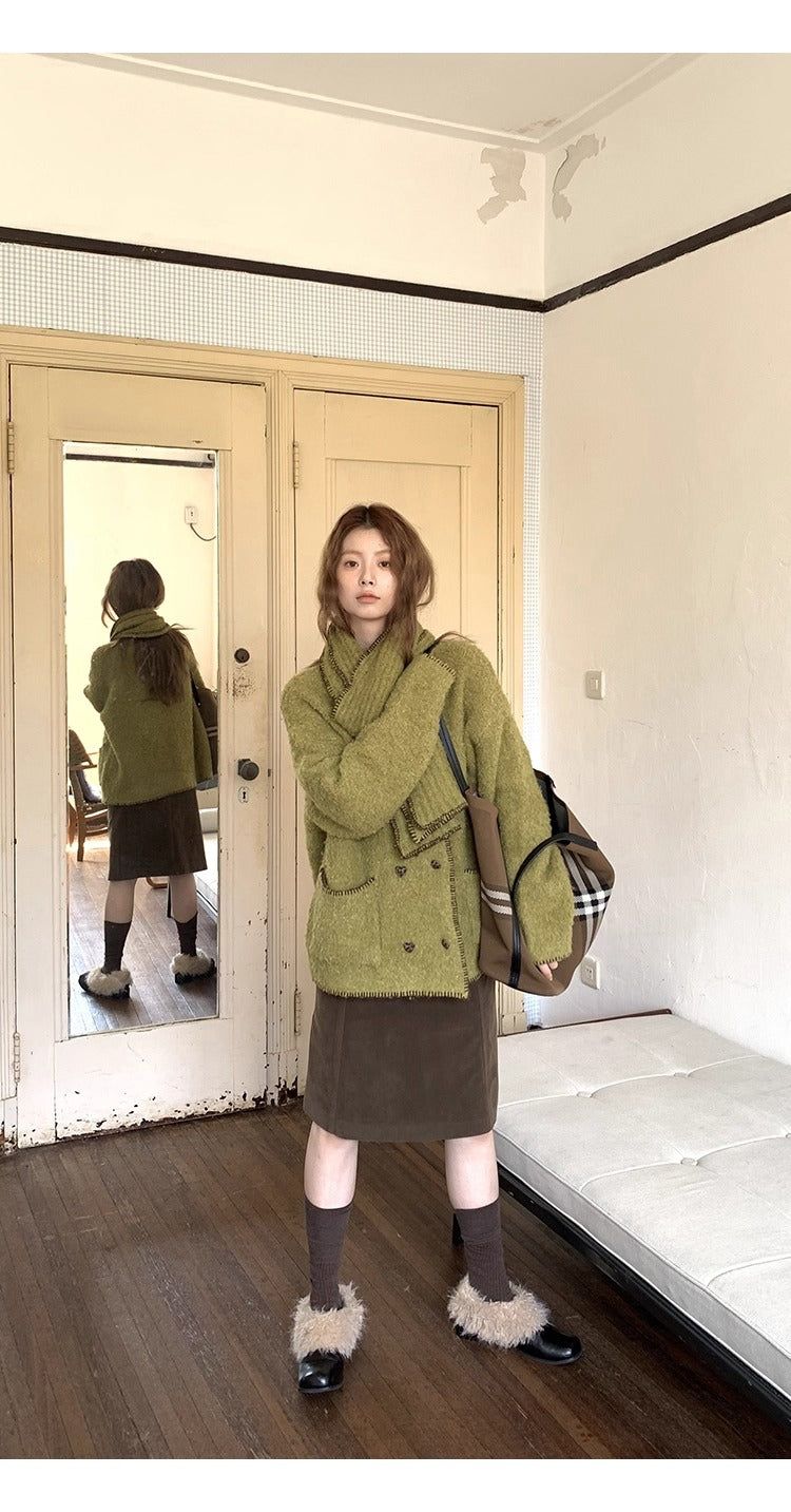 Green tea wool muffler knit cardigan