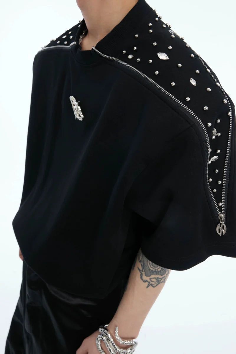 Rhinestone Zipper Detail T-Shirt