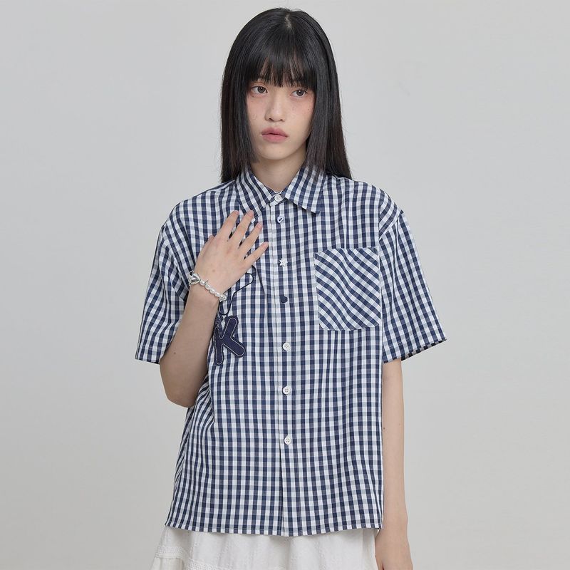 Check Applique Button Half Shirt