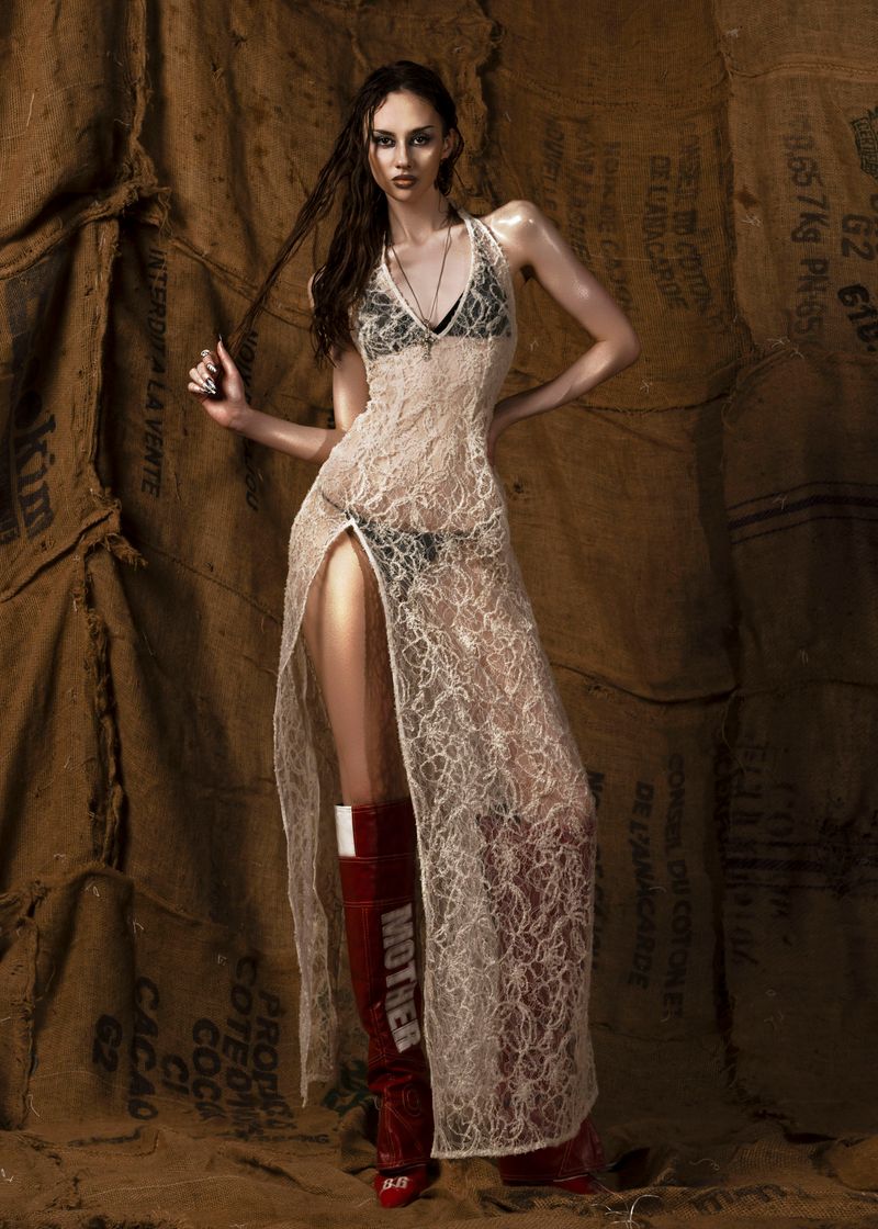 Mother Halter Neck Sheer Lace Split Dress
