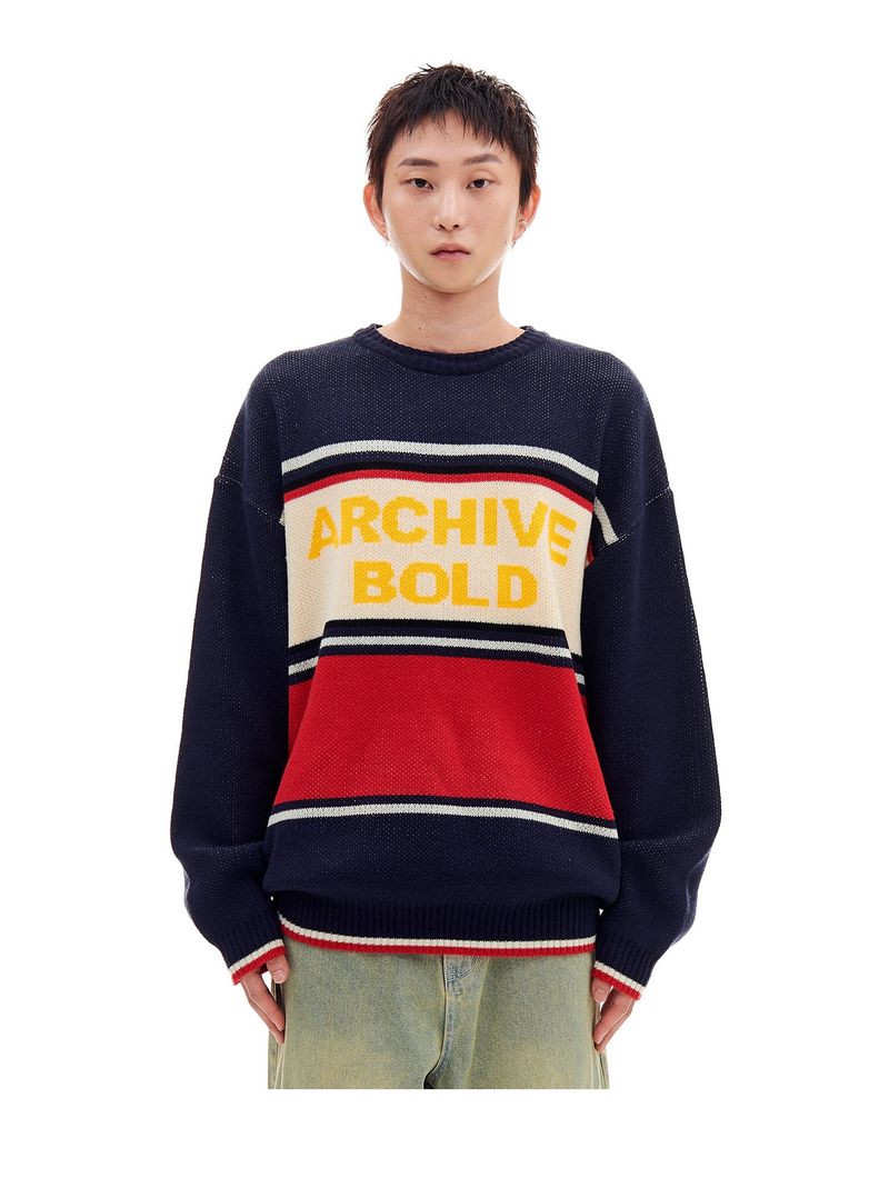 ARCHIVE BOLD(アーカイブボールド)の「AB STRIPE PANEL KNIT (NAVY)(Tops)」