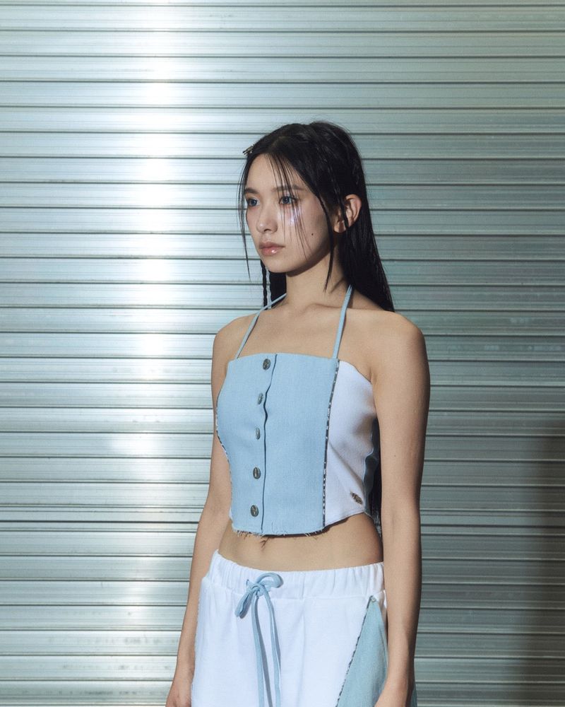 denim combi top - white