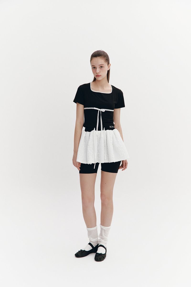 Lace Ribbon Shirring Top Black