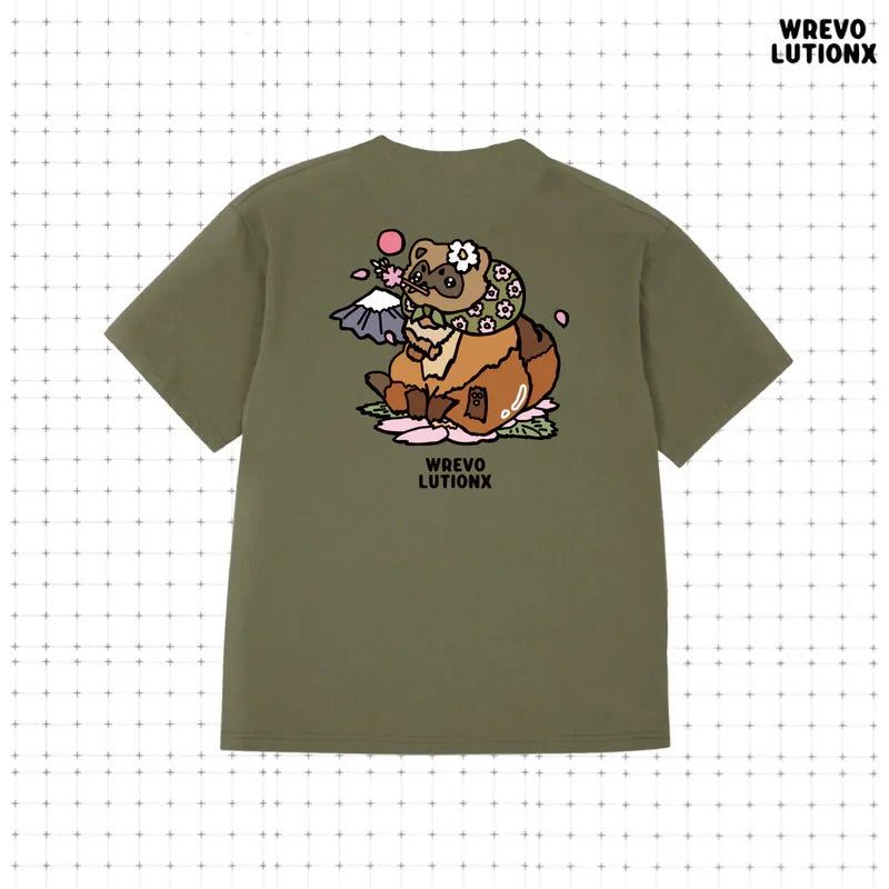WREVOLUTIONX by WooLeeX（レボリューションエックス バイ ウーリーエックス）の「Sakura Tanuki T-Shirt(Military Green)（Tops）」