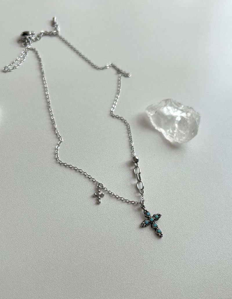 sif color twin cross turquoise vertical double ball short long layered gemstone necklace