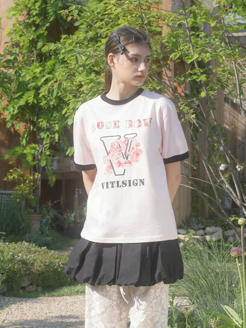 Rose Bow Ringer T-shirt (3C) Light Pink