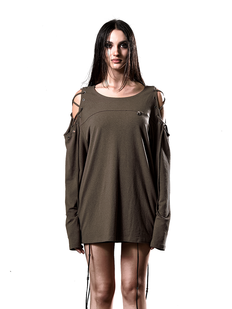 EYANG（イーヤン）の「CUT-OUT LACED EYELET LONGSLEEVE TOP KHAKI（Tops）」