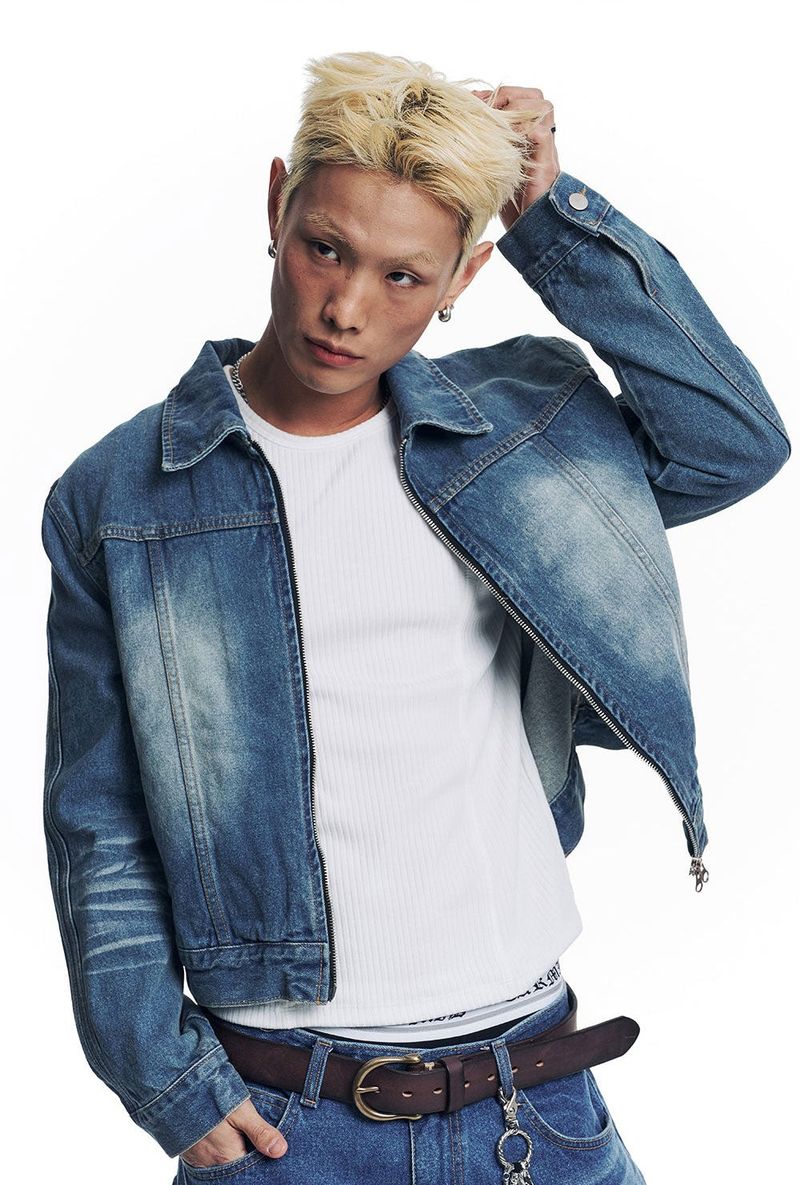 Washed Crop Track Denim Jacket - Deep Blue