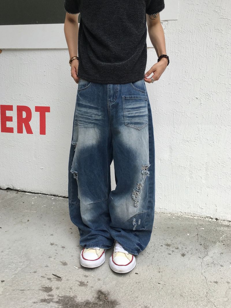 Wavy Cat Washed Distressed Denim Pants