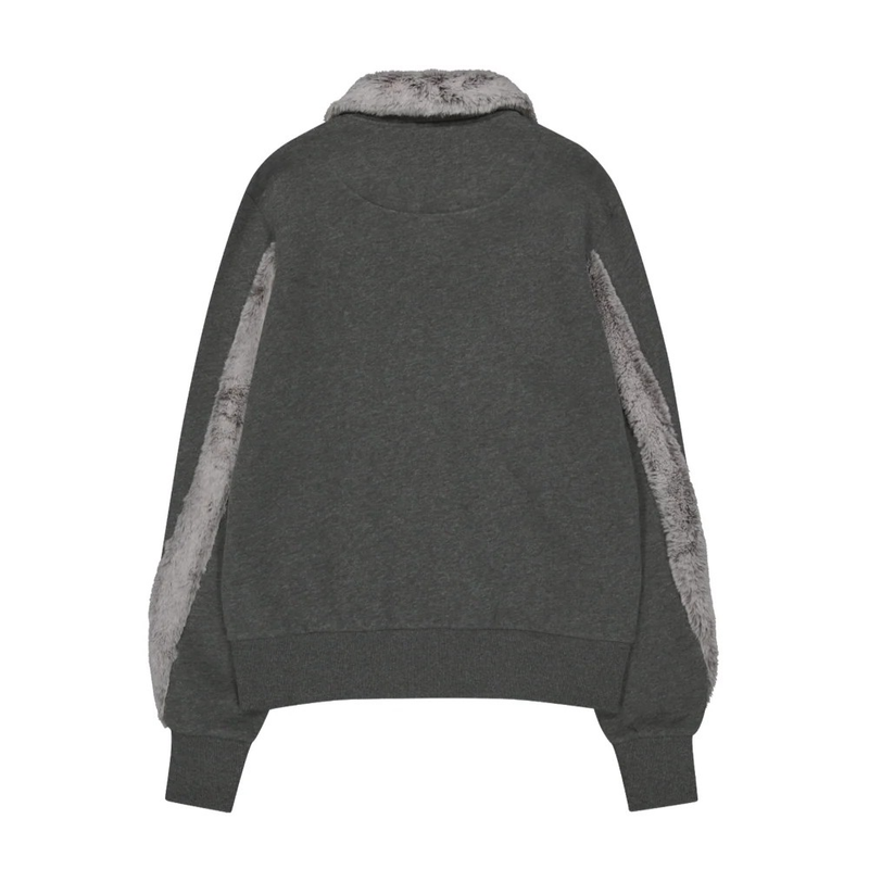 Fur Trim Jersey Zip-up / Charcoal