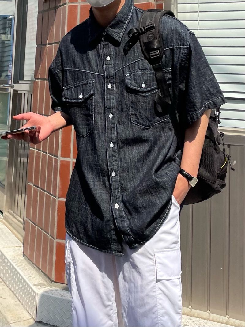 LINEN WESTERN DENIM HALF SHITRS(2COLOR)