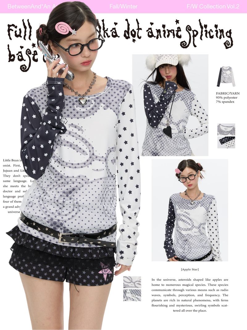 BETWEENAND Long-sleeved women’s top for spring, with a pixelated anime-style polka dot design; helps to slim the figure