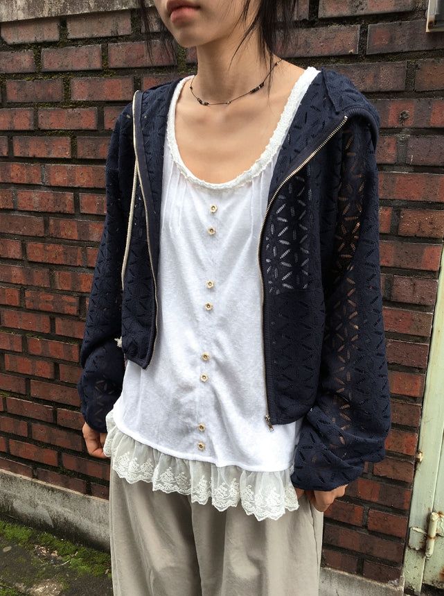 Linef Lace Summer Semi-Crop Hood Zip-Up