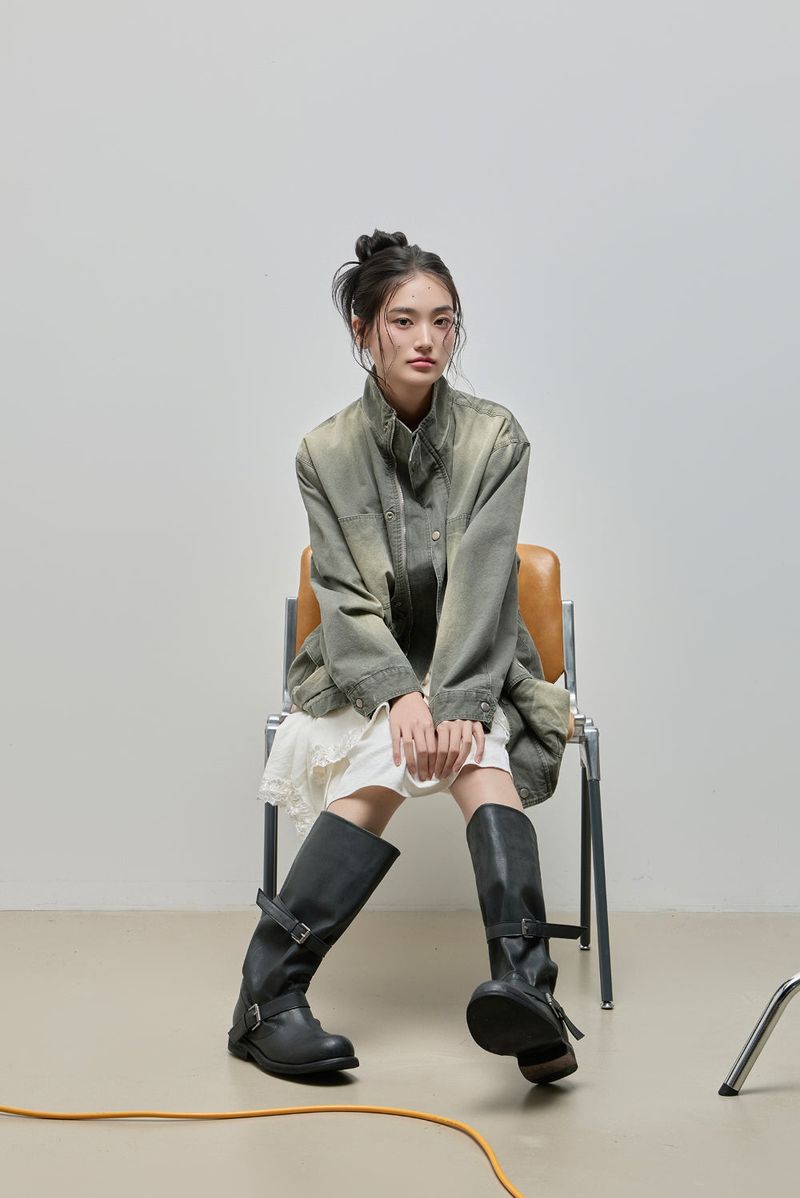 Washed High-Neck Field Jacket_Khaki