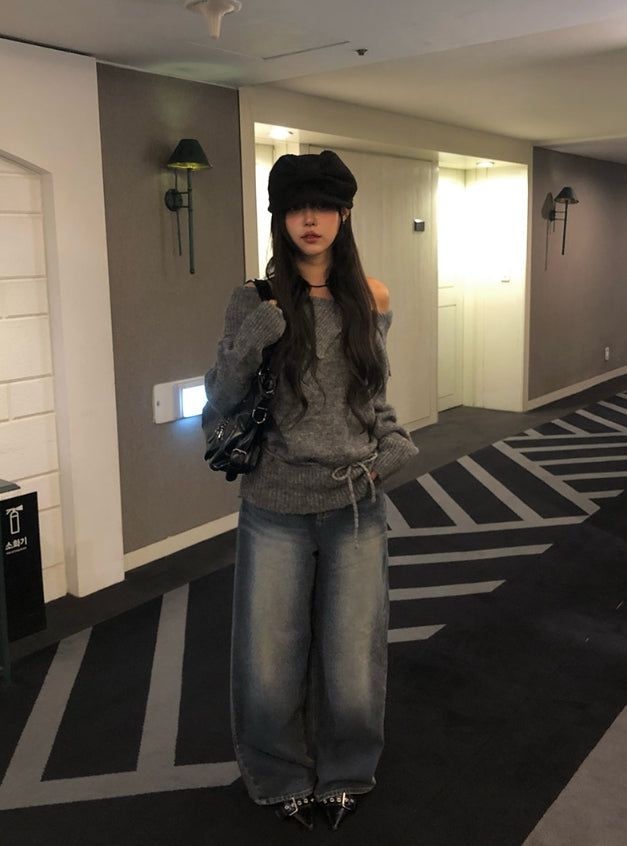 Hins Brushed Washing Denim Wide Pants