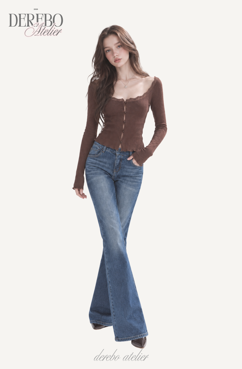 Jacquard square-neck knit long-sleeve cardigan