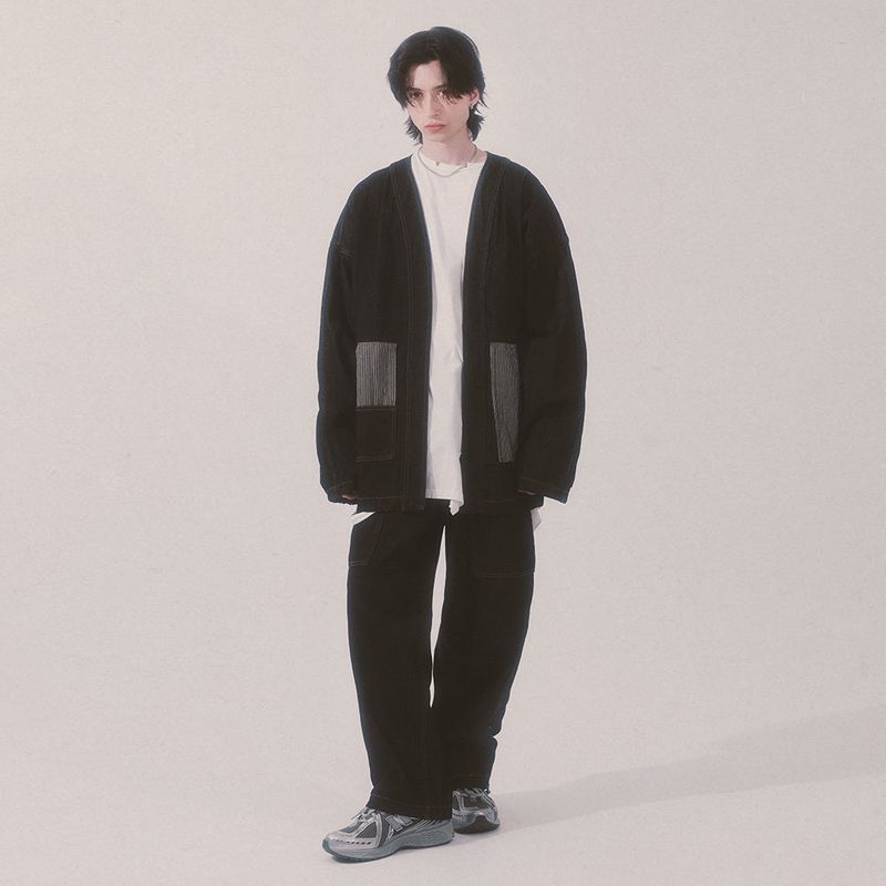 stripe patch denim pants_black