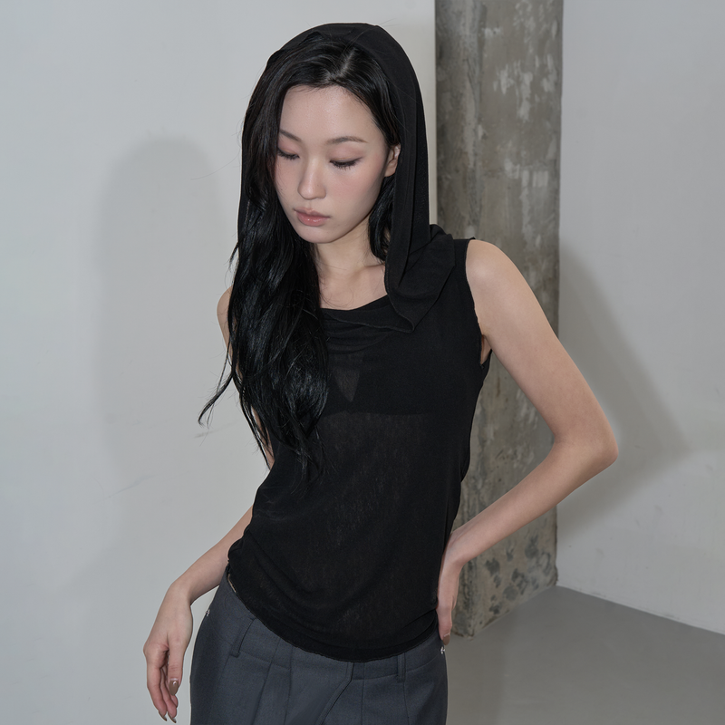 MESH HOODED SLEEVELESS TOP (BLACK)