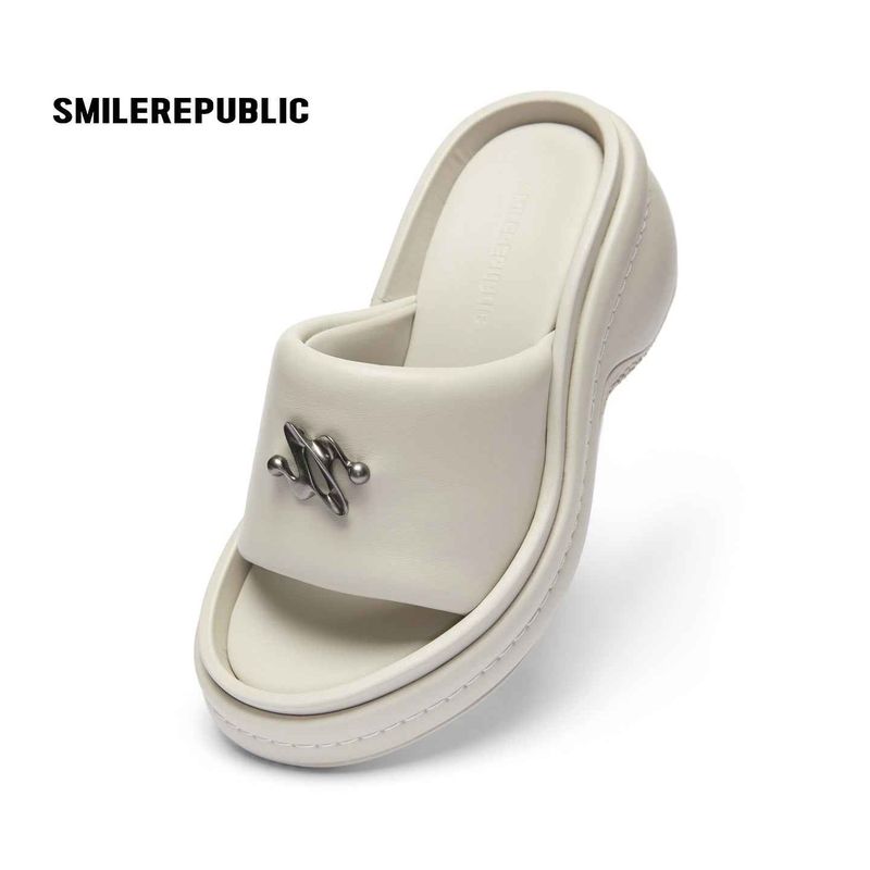 Off White Silver Tone 3D Logo Platform Wedge Slide Sandals, Open Toe