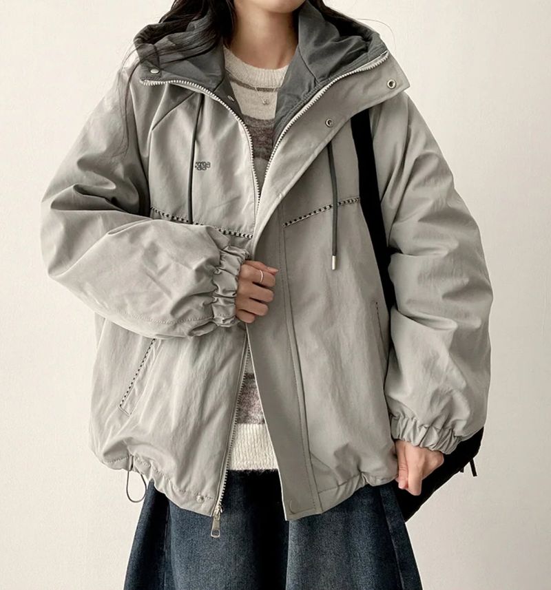 Raden color matching checkline zipper string high neck padded jumper