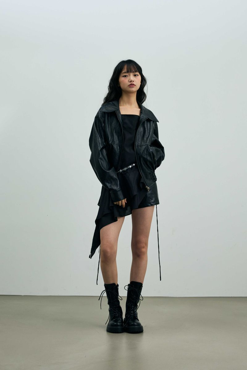PAMELA LEATHER BOMBER JACKET / BLACK