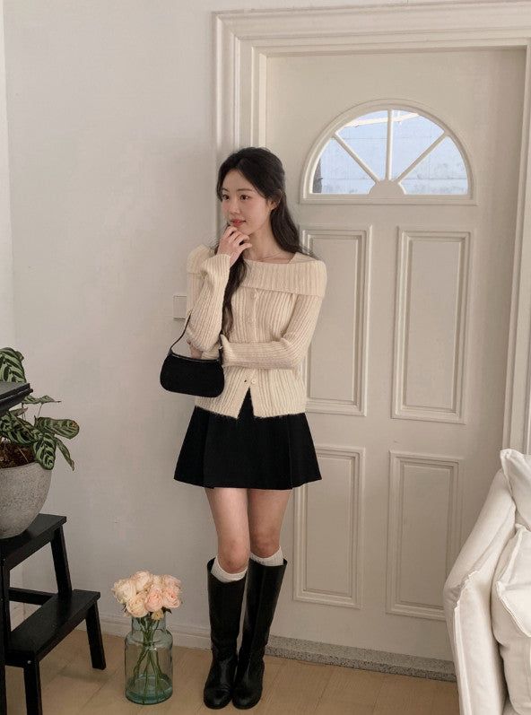 #Romantic Rib Off Shoulder Button Knit (3color)