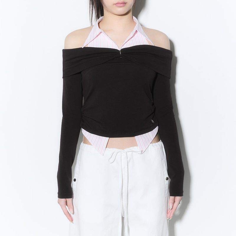 (3rd reorder) shirts layered off shoulder top - brown