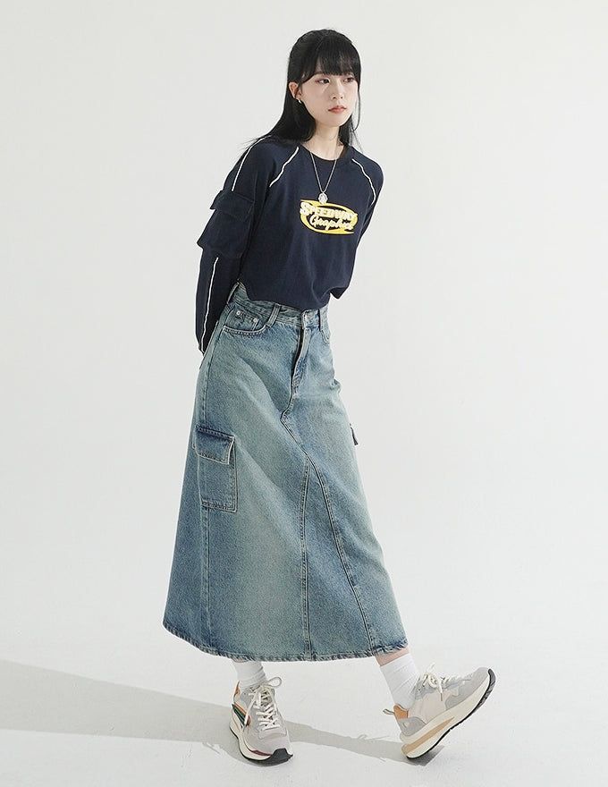 Back Slit Cargo Denim Long Skirt