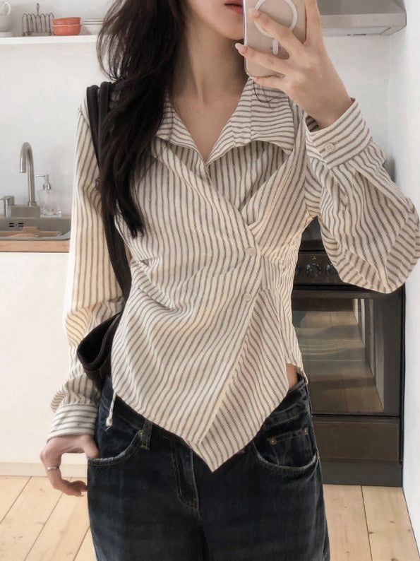 MT Pintuck Strap Button Stripe Wrap Shirt (3color)