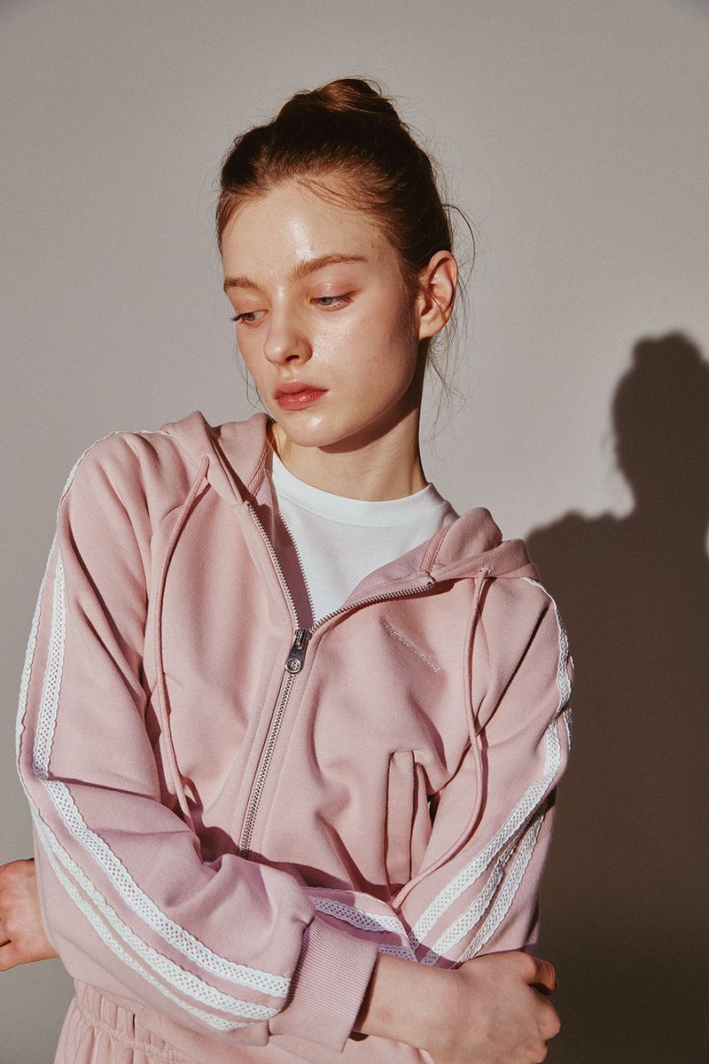 Lace Tape Hood Zip-Up Pink