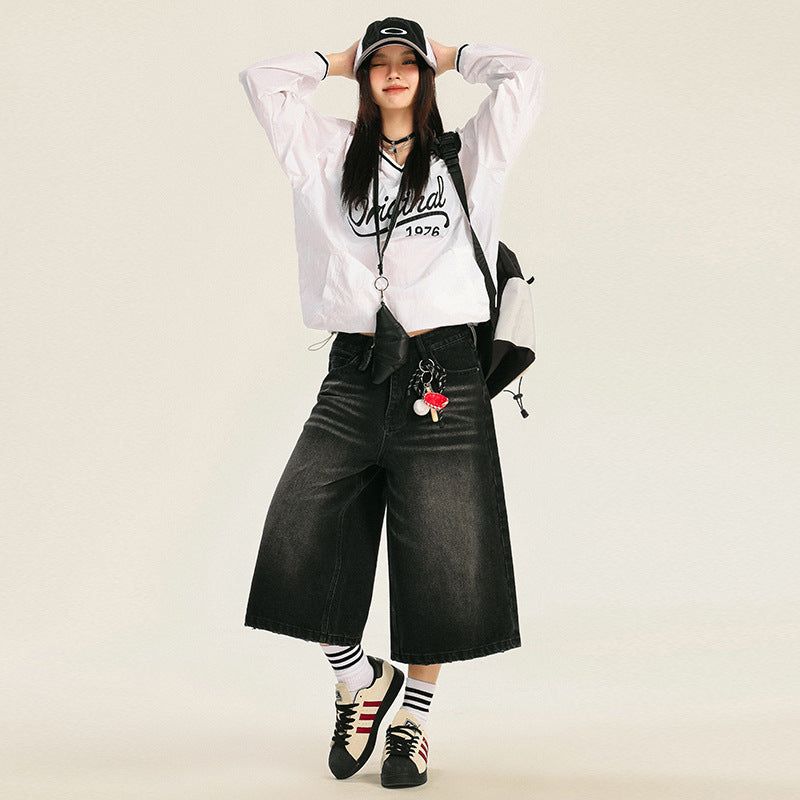 American retro loose-fitting washed distressed wide-leg capri pants