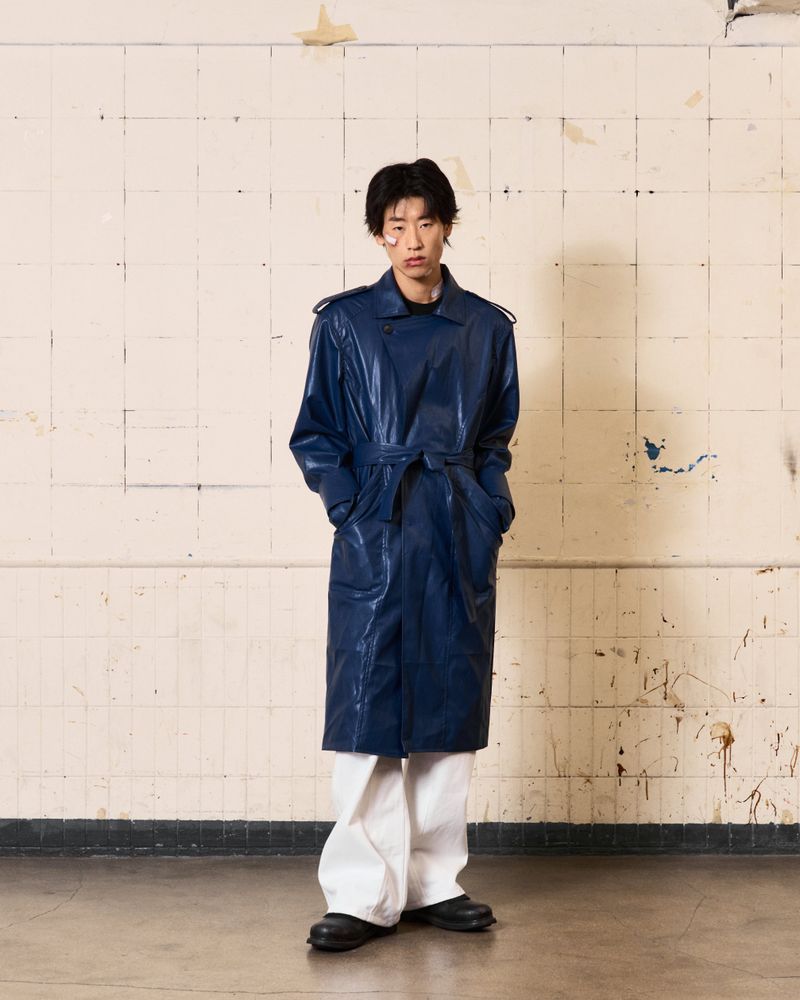 Curved Leather Trench coat (Blue)