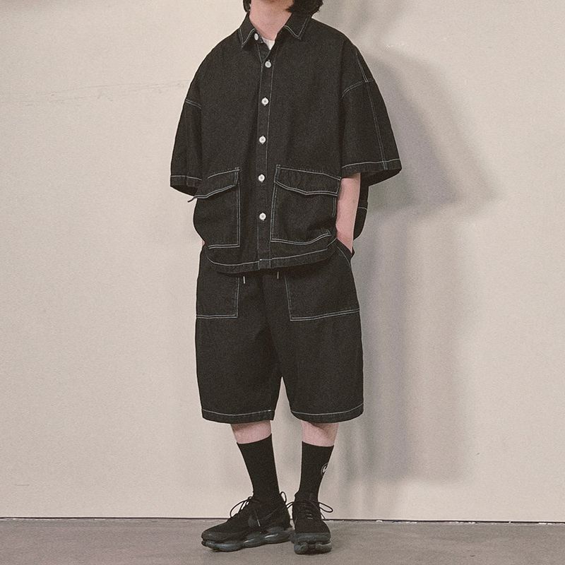 denim stitch shorts_black