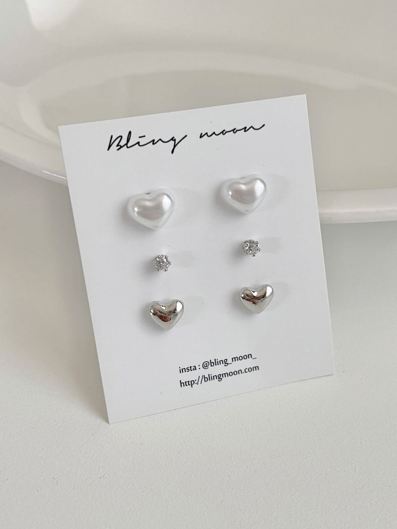 [3 set] wedding pearl heart earrings set