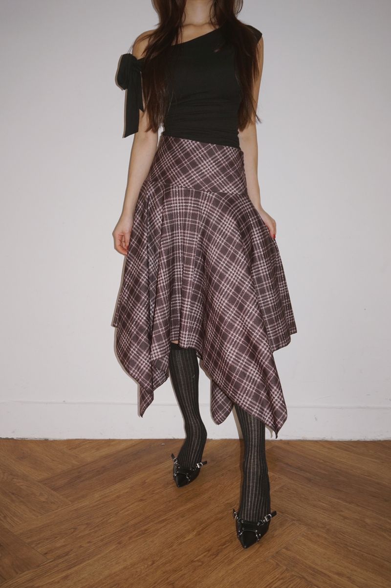 Unbalanced High Midi Checkered Skirt