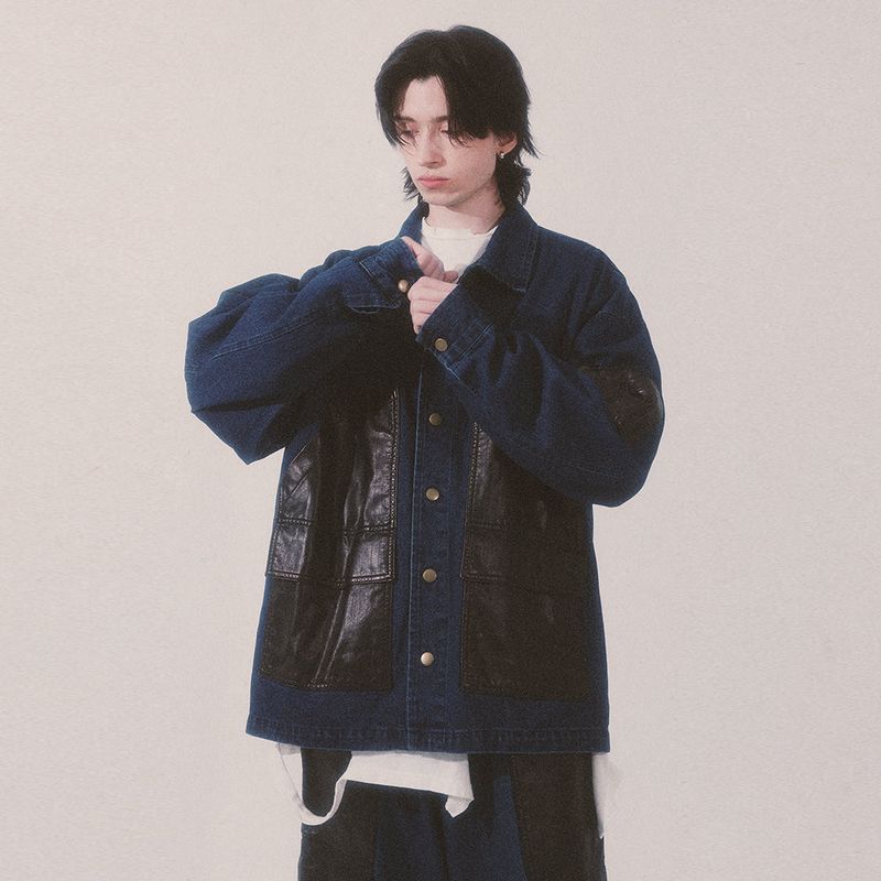 faux leather mix denim shirt_blue