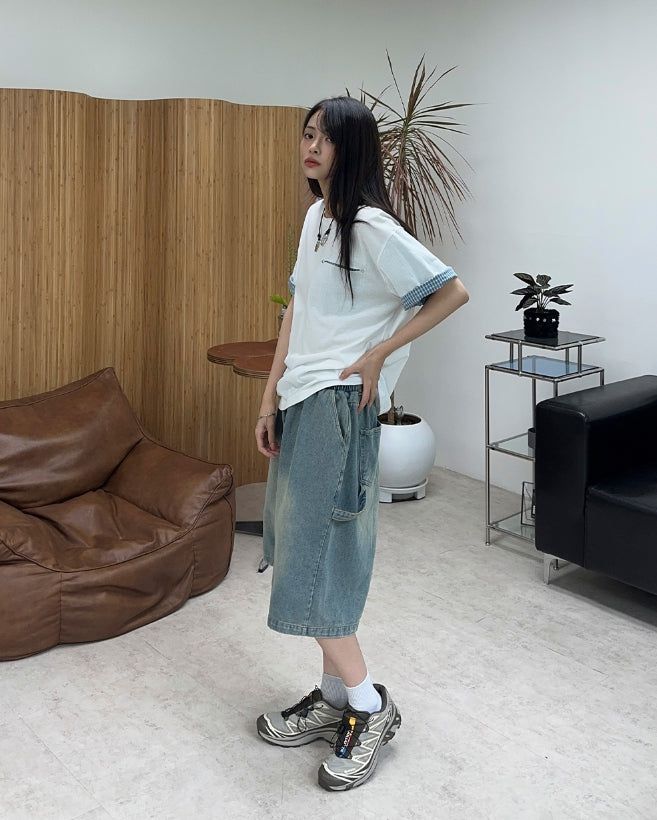 Seren check roll-up short-sleeve tee