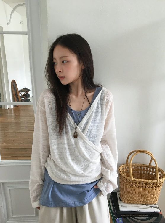 BAON（バオン）の「リョウカ サマー レイヤード Vネック ラップ フードニット（トップス）」