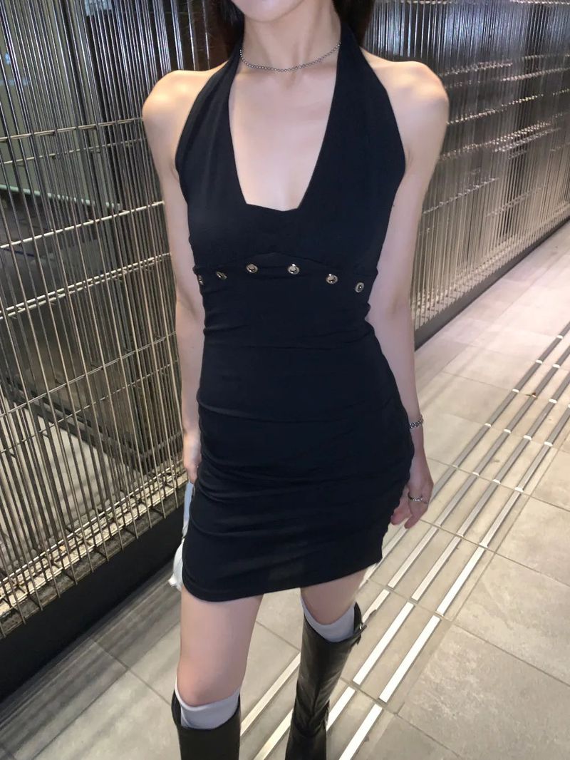 After Eyelet Halter Shirring Mini Dress 