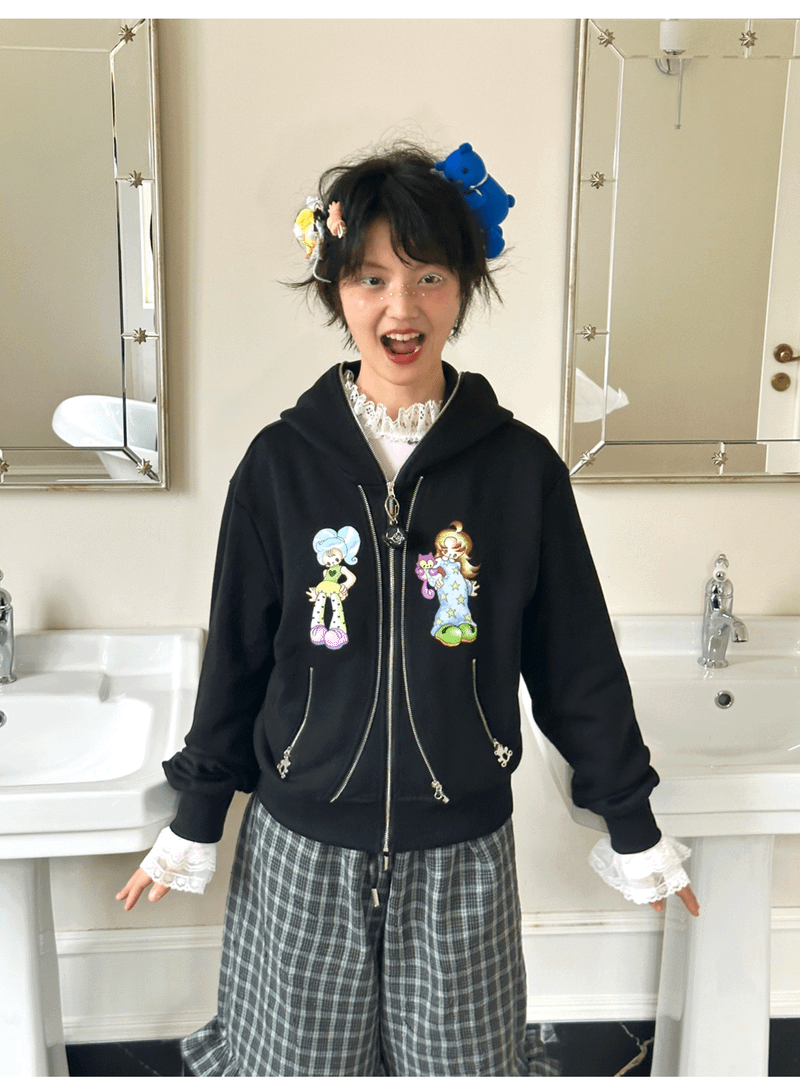 sillysis 黒のかわいい女の子イラスト、両頭金属ジッパー構造感スウェットパーカー