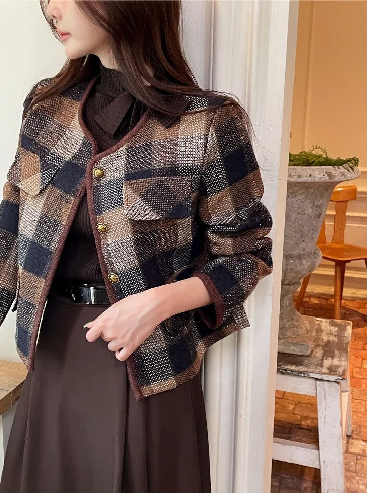 LT Round-Neck Color Matching Check Tweed Jacket