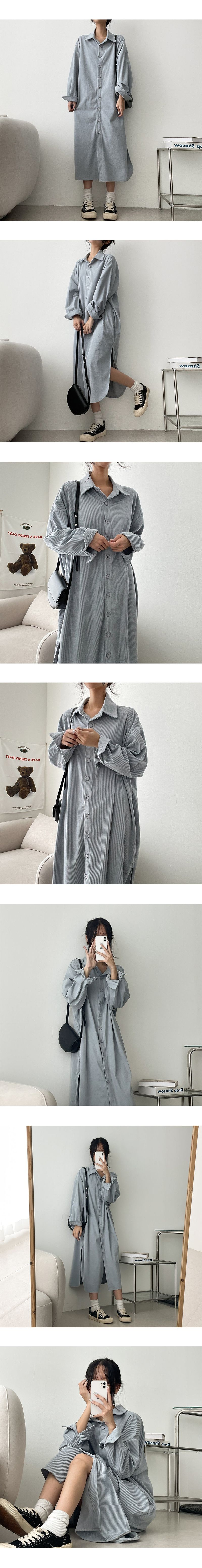 Riden Collar Button Corduroy Long Dress