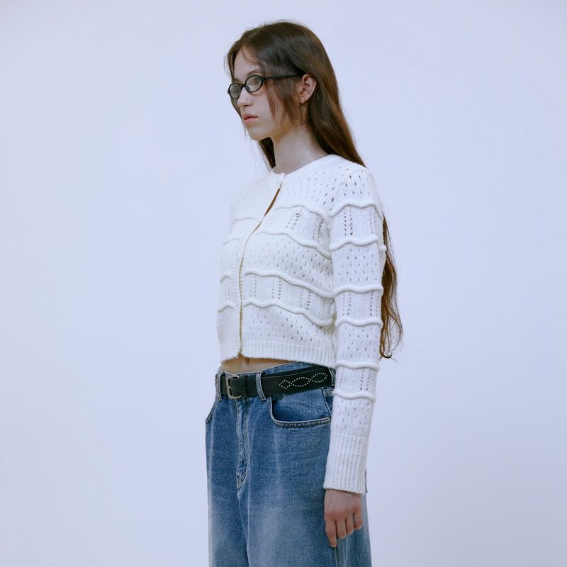 Wave Crop Knit Cardigan (IVORY)