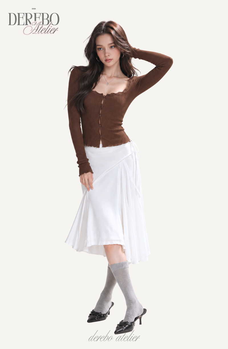 Jacquard square-neck knit long-sleeve cardigan