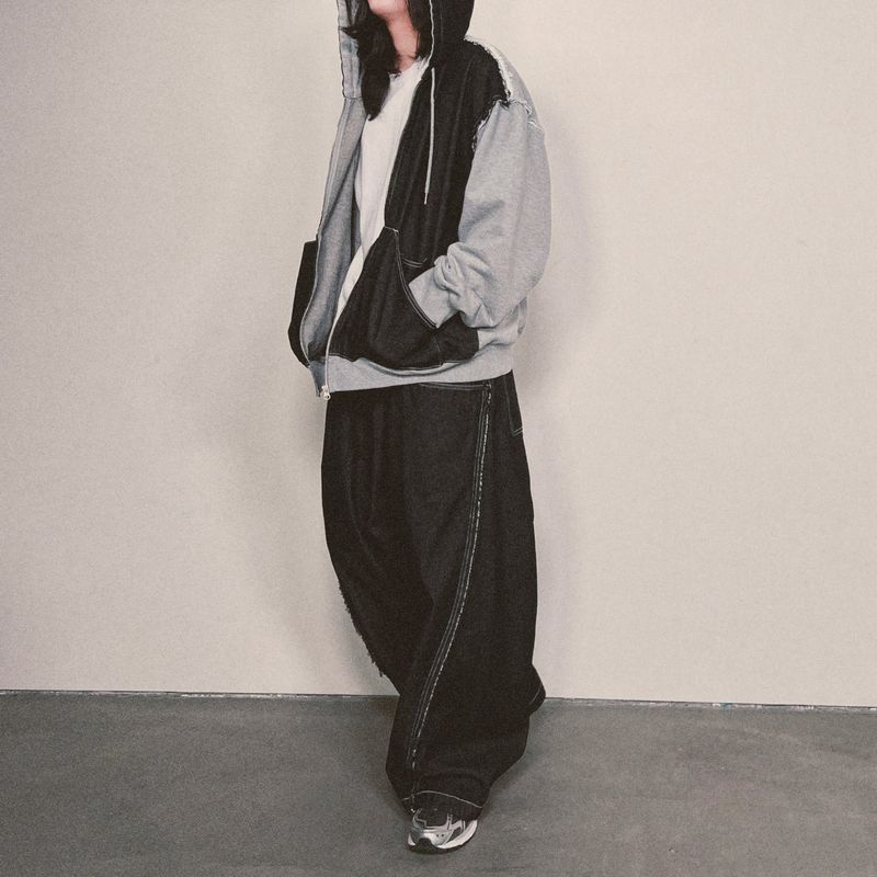 layered deconstructed denim pants_black