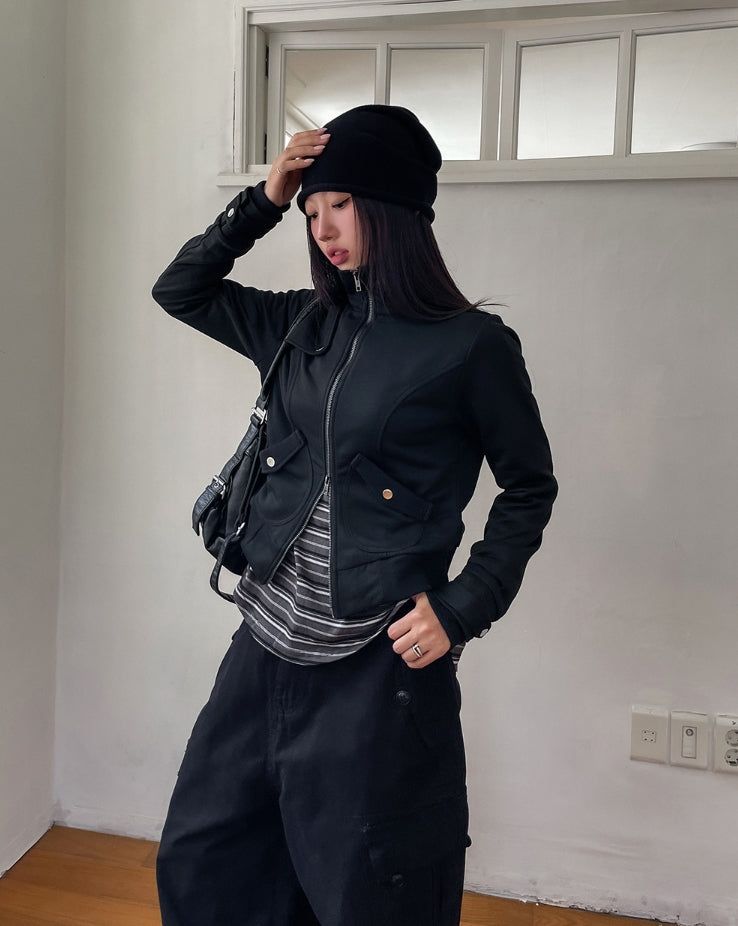 Pearly cut high neck two-way zip-up