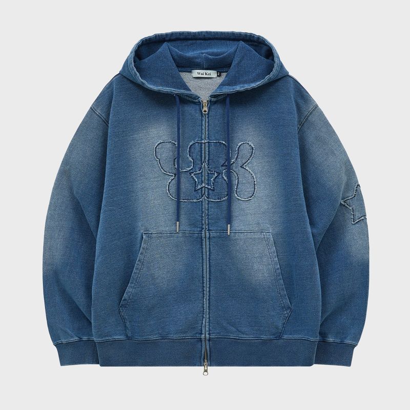 YK Applique Denim Hood Zip Up
