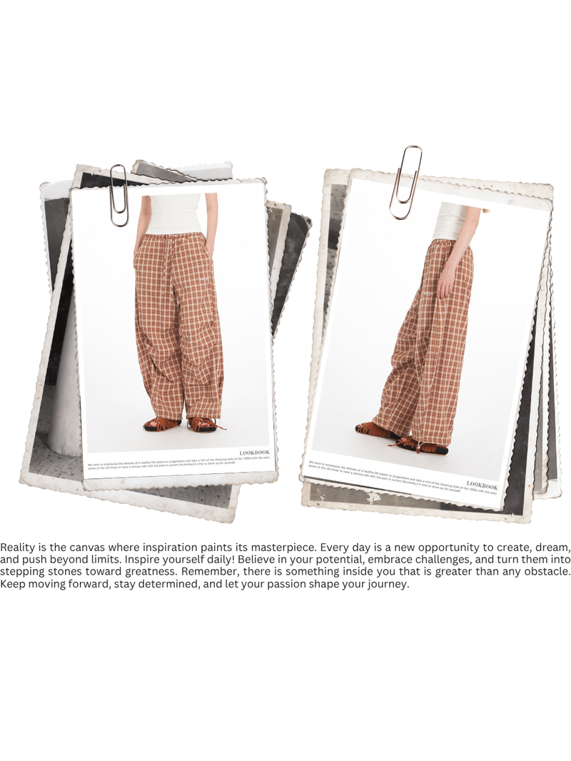 Blue checkered banding wide pants