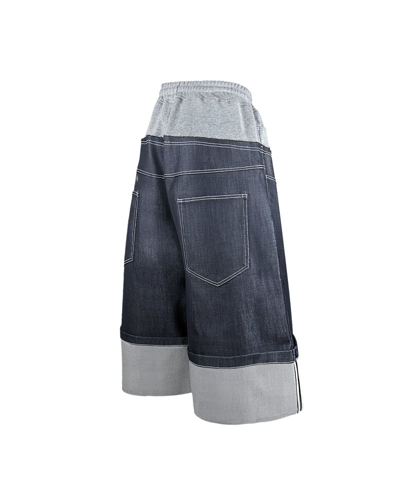 DENIM X SWEAT LAYERED ROLL UP SHORTS